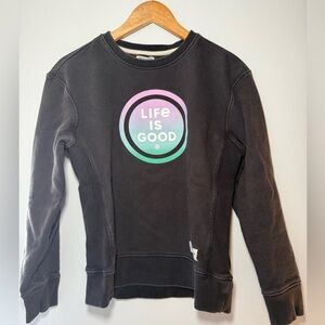Life Is Good Charcoal Sweatshirt with Blue Accents